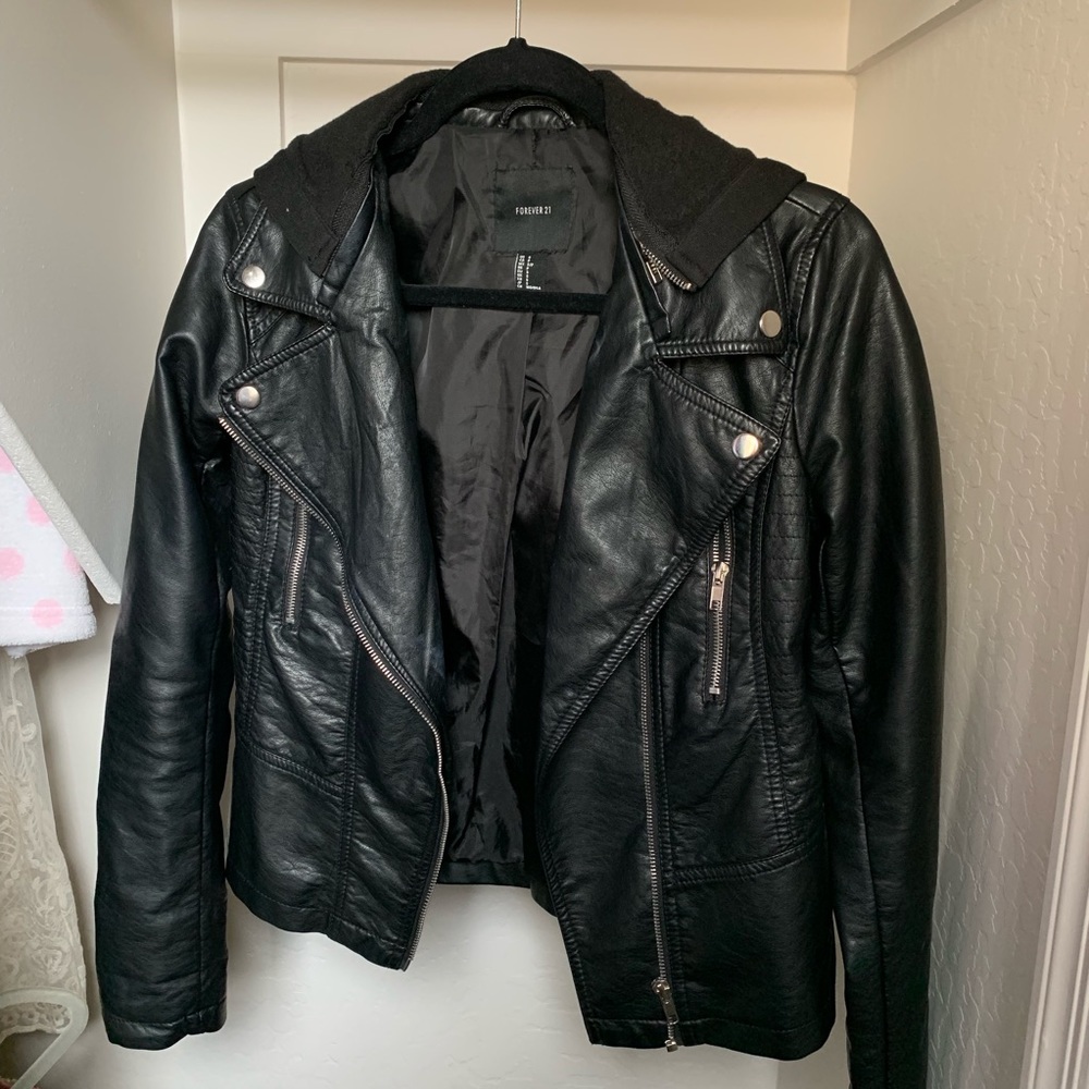 Black hooded leather jacket